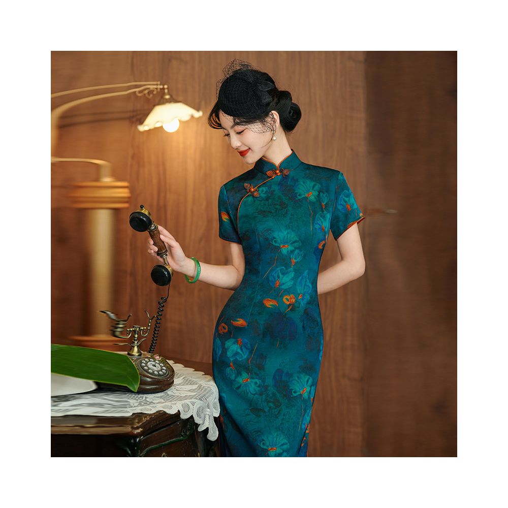 Mandarin Orange Floral Midi Qipao Dress | Neo-Chinese Cheongsam, Elegant Evening Wear, Cultural Events, Modern Traditional
