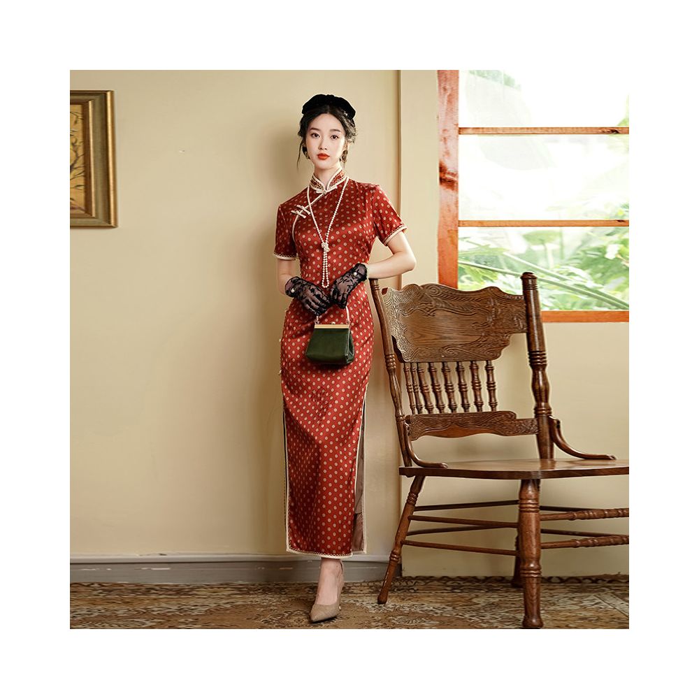 Mandarin Orange Floral Midi Qipao Dress | Neo-Chinese Cheongsam, Elegant Evening Wear, Cultural Events, Modern Traditional
