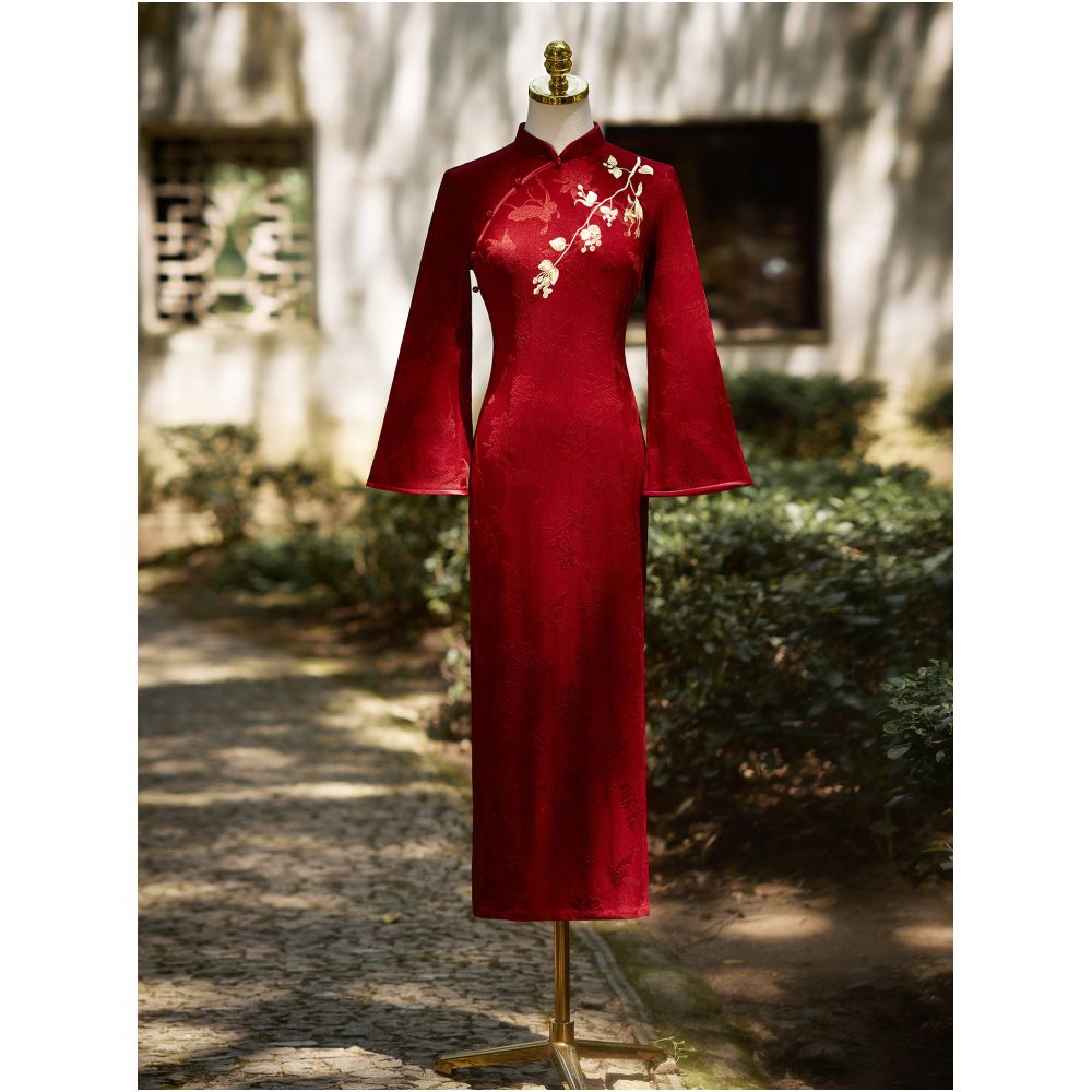 Red long sleeved cheongsam toast dress 2026 new style for brides engagement dress women s autumn and winter everyday wear embroidered image 3