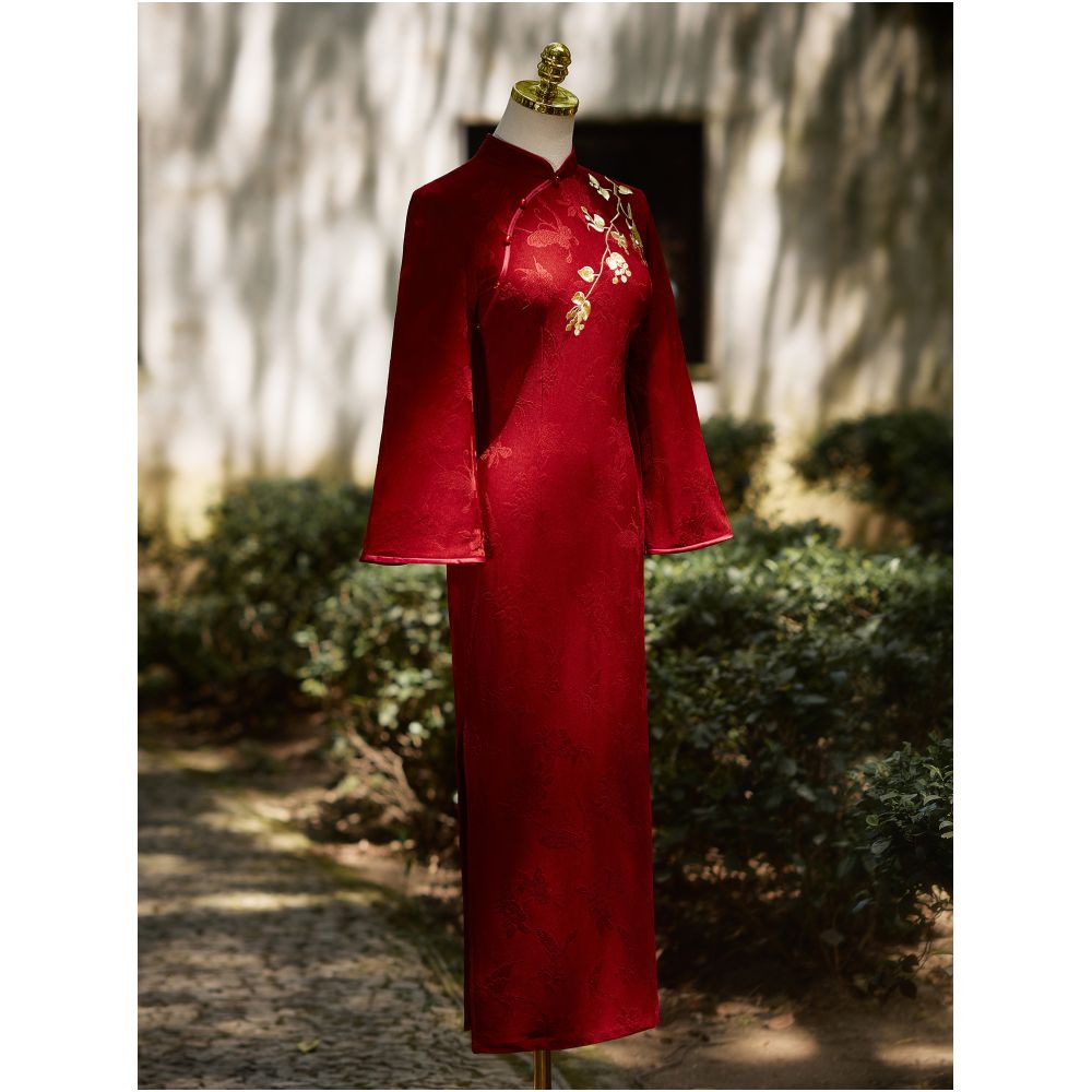 Red long sleeved cheongsam toast dress 2026 new style for brides engagement dress women s autumn and winter everyday wear embroidered image 5