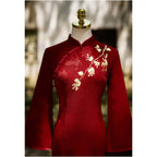 Retro Red Embroidered Cheongsam - Neo-Oriental Long Sleeve Maxi Dress - New Chinese Style Occasion Wear