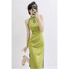 Green/Golden Mustard Halter Qipao | Neo-Oriental Jacquard Cheongsam Dress | New Chinese Style Cocktail Midi