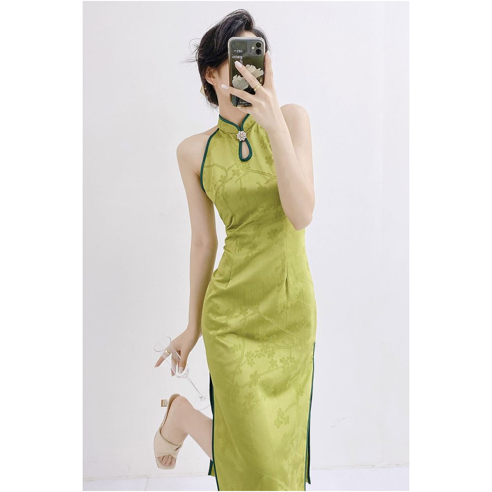 Green/Golden Mustard Halter Qipao | Neo-Oriental Jacquard Cheongsam Dress | New Chinese Style Cocktail Midi