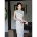 Onyx & Pearl Lace Velvet Qipao Dress | Neo-Chinese Cheongsam, Modern Oriental Dress, Elegant Evening / Daily Wear