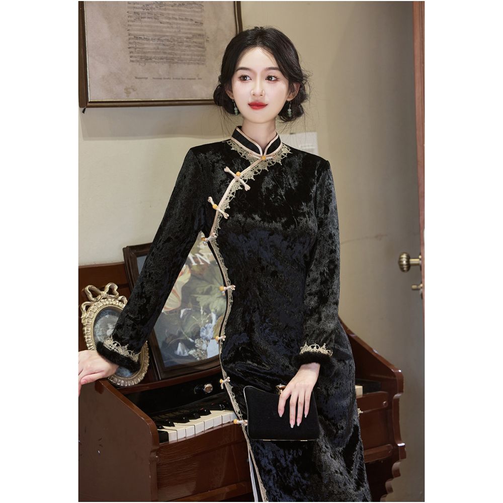Onyx & Pearl Lace Velvet Qipao Dress | Neo-Chinese Cheongsam, Modern Oriental Dress, Elegant Evening / Daily Wear
