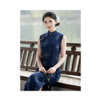 Blue sleeveless Republic era style modern Chinese style fitted waist long modified cheongsam 2026 new style suitable for women s work and summer wear image 3