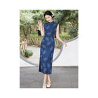 Blue sleeveless Republic era style modern Chinese style fitted waist long modified cheongsam 2026 new style suitable for women s work and summer wear image 4