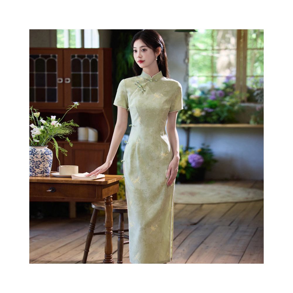 Dragonfly Print Midi Qipao Dress | Neo-Chinese Cheongsam, Modern Oriental Dress, Elegant Evening / Daily Wear