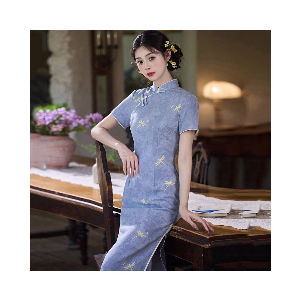 Dragonfly Print Midi Qipao Dress | Neo-Chinese Cheongsam, Modern Oriental Dress, Elegant Evening / Daily Wear