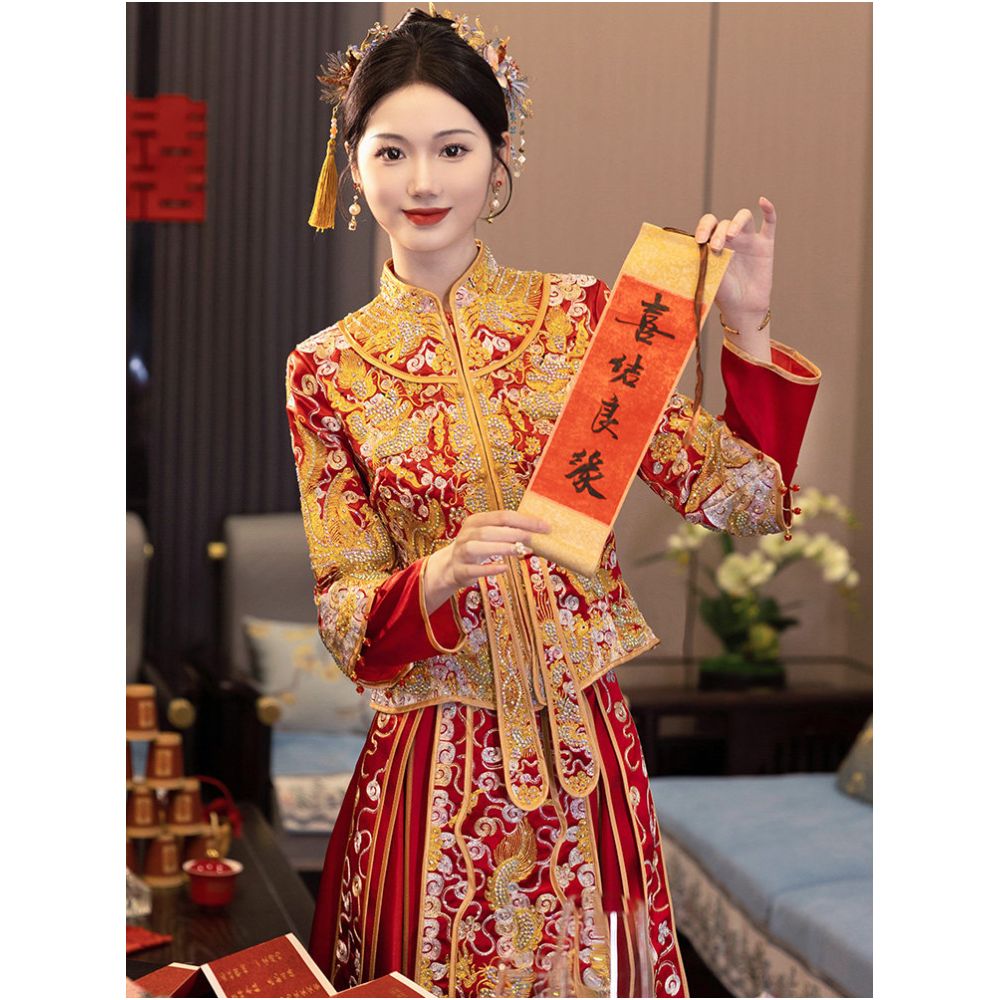 Xiuhe dress dragon and phoenix gown 2025 new style Chinese wedding dress toasting dress petite heavy duty wedding dress for women spring image 1