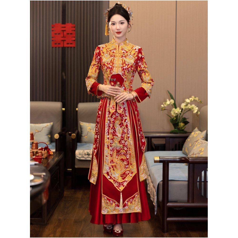Xiuhe dress dragon and phoenix gown 2025 new style Chinese wedding dress toasting dress petite heavy duty wedding dress for women spring image 2
