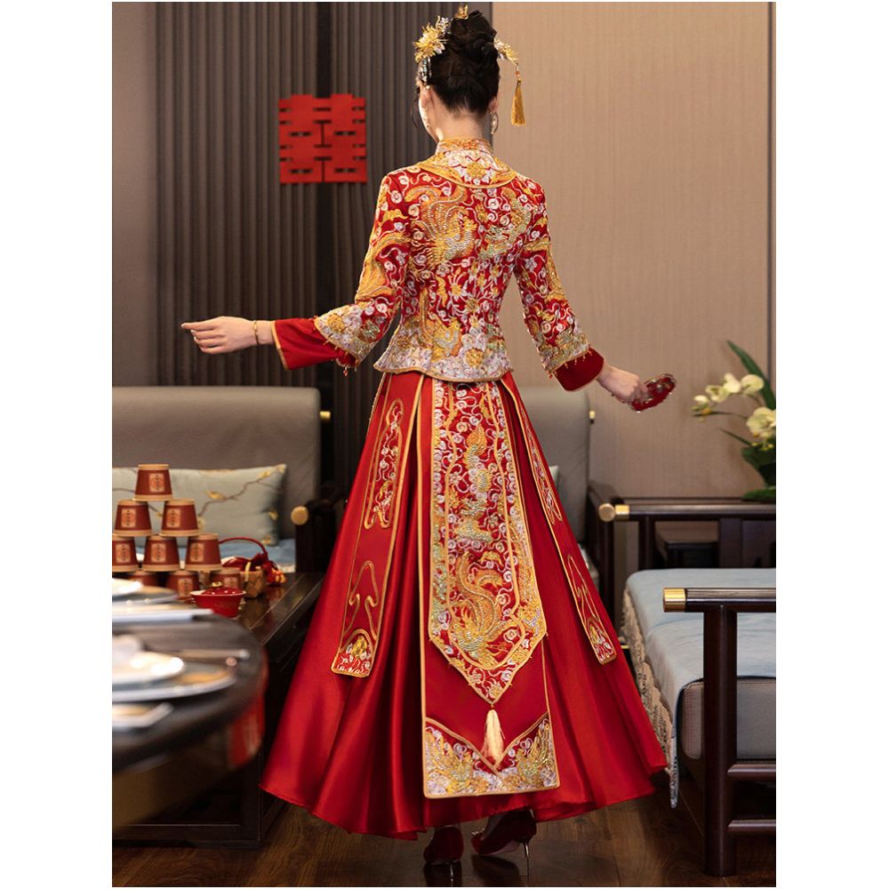 Xiuhe dress dragon and phoenix gown 2025 new style Chinese wedding dress toasting dress petite heavy duty wedding dress for women spring image 3