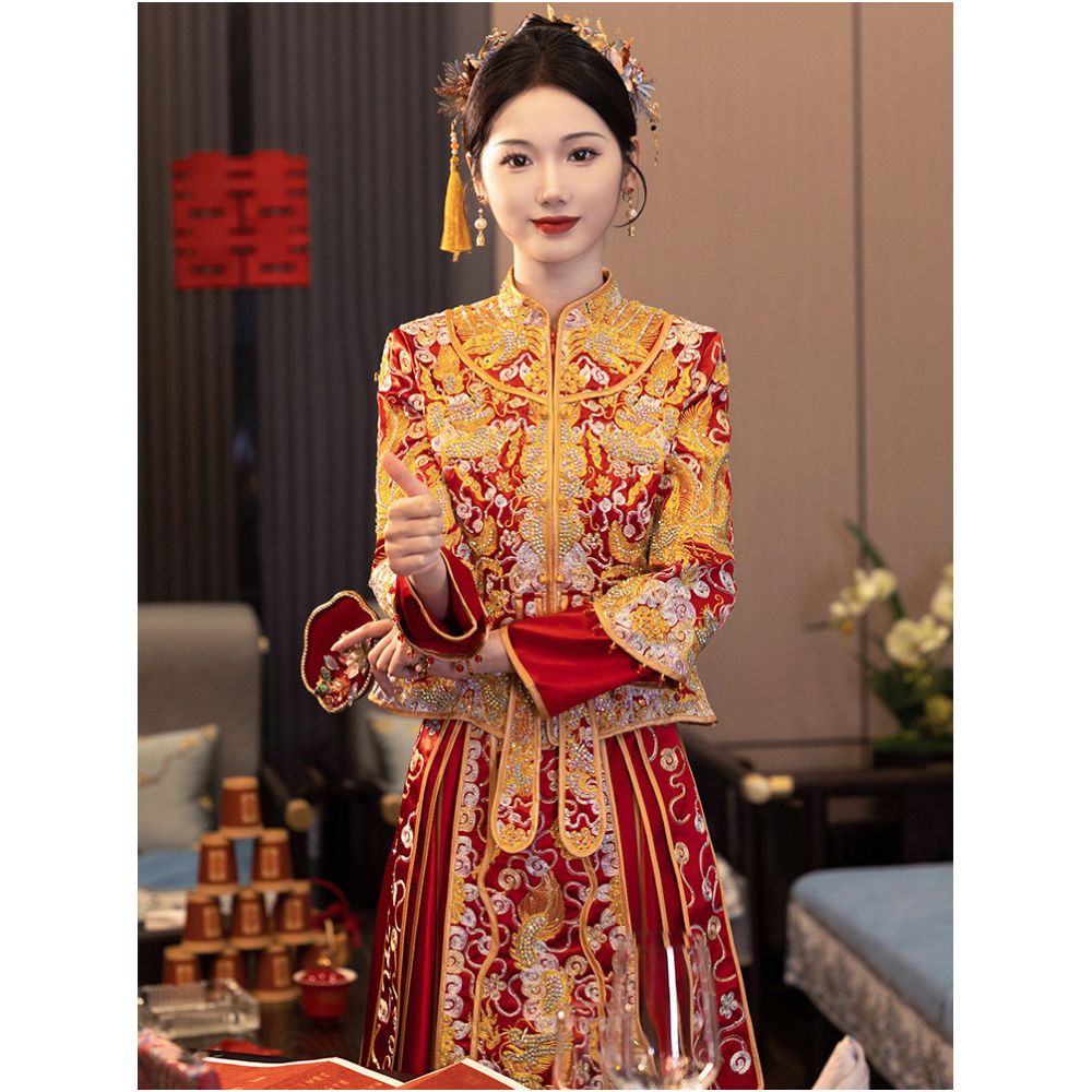 Xiuhe dress dragon and phoenix gown 2025 new style Chinese wedding dress toasting dress petite heavy duty wedding dress for women spring image 4