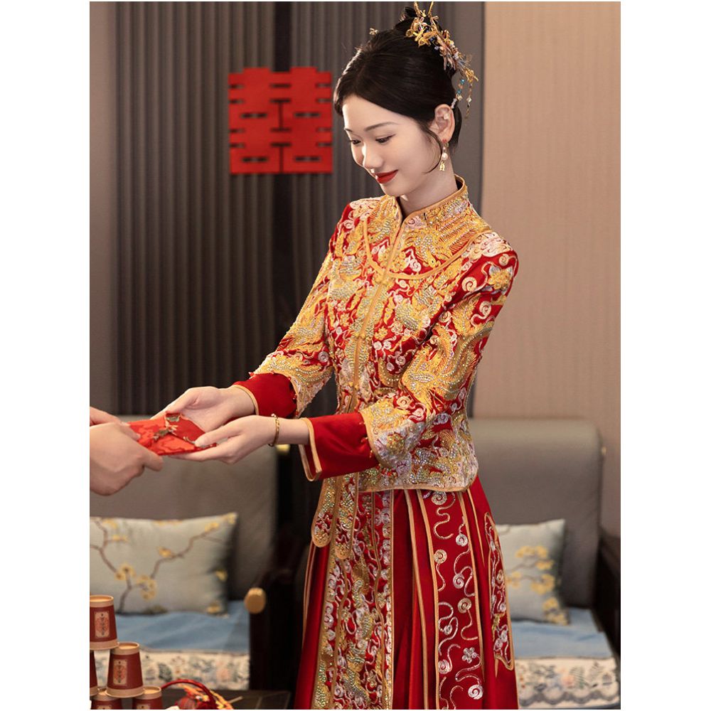 Xiuhe dress dragon and phoenix gown 2025 new style Chinese wedding dress toasting dress petite heavy duty wedding dress for women spring image 5