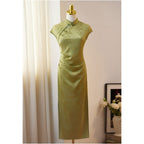 Matcha & Champagne Bamboo Leaf Qipao Dress | Neo-Chinese Cheongsam, Modern Oriental Dress, Elegant Evening / Daily Wear