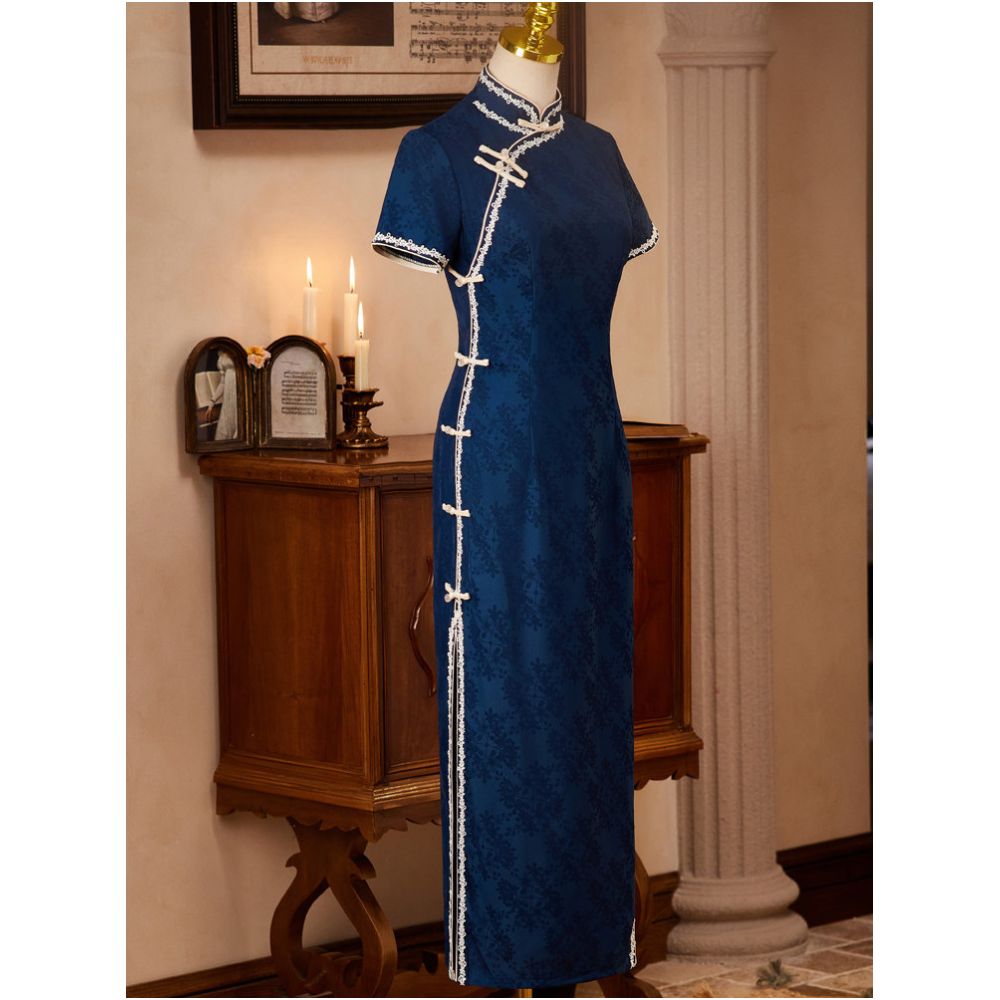 Blue cheongsam suitable for everyday wear Republic of China style women s clothing modernized retro literary student dress old Shanghai spring and summer image 2