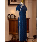 Blue cheongsam suitable for everyday wear Republic of China style women s clothing modernized retro literary student dress old Shanghai spring and summer image 2