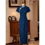 Blue cheongsam suitable for everyday wear Republic of China style women s clothing modernized retro literary student dress old Shanghai spring and summer image 4