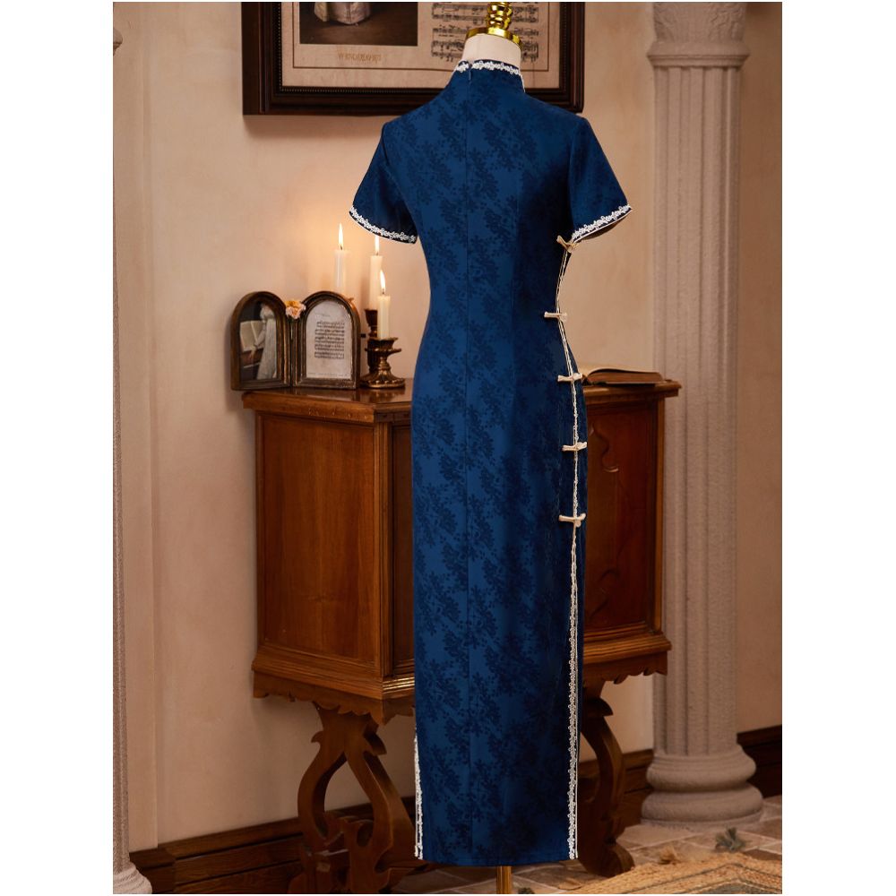 Blue cheongsam suitable for everyday wear Republic of China style women s clothing modernized retro literary student dress old Shanghai spring and summer image 5
