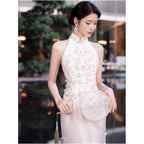 White cheongsam for engagement banquet new Chinese style bride s wedding toast dress 2026 new style high end retro summer slim fit image 4