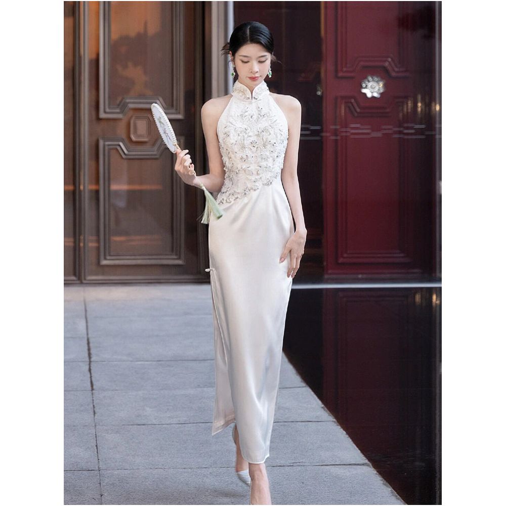 Neo-Oriental Halter Cheongsam | Elegant White Beaded Qipao Dress | Modern Chinese Style Evening Gown