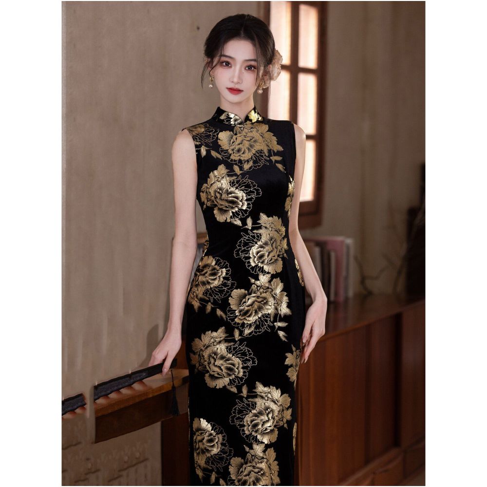 Authentic Gilded Peony Old Shanghai Black Velvet Cheongsam for Women High End Elegance Traditional Chinese Style Suitable for Daily Wear and Performance image 2