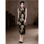 Authentic Gilded Peony Old Shanghai Black Velvet Cheongsam for Women High End Elegance Traditional Chinese Style Suitable for Daily Wear and Performance image 4