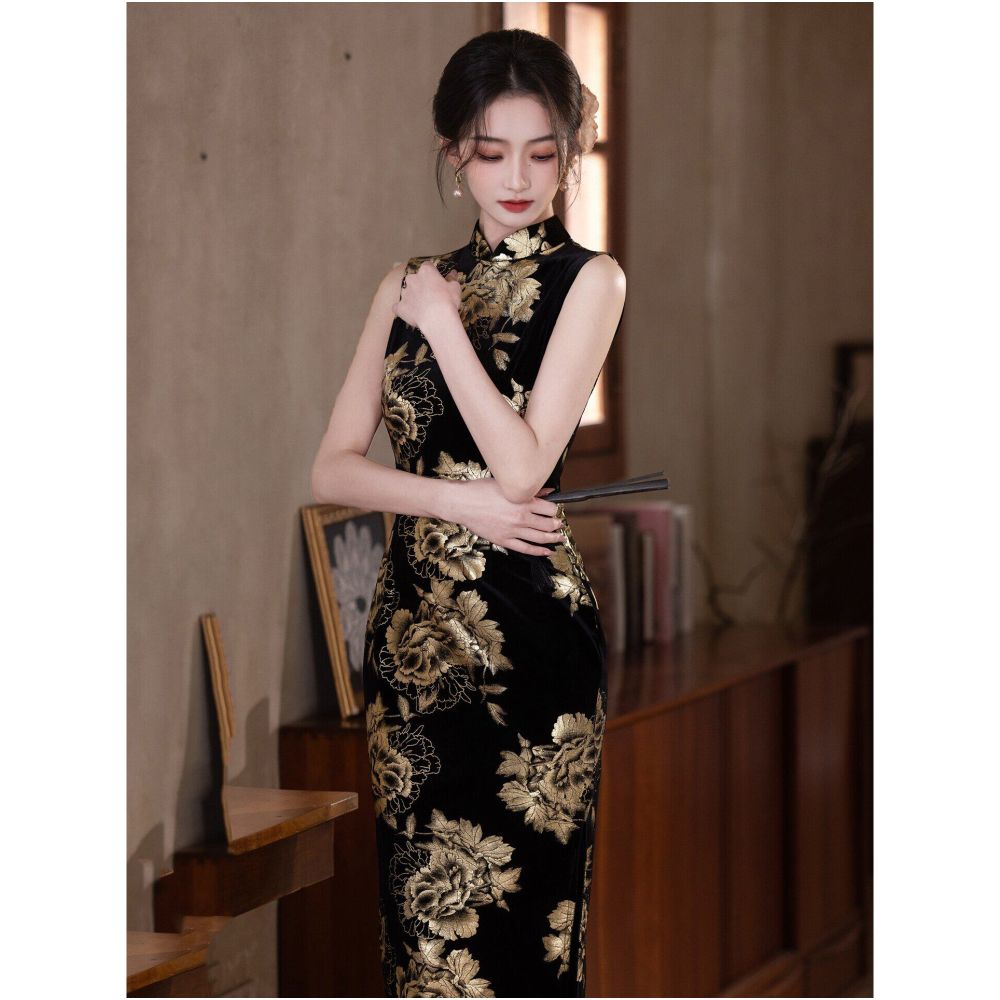 Authentic Gilded Peony Old Shanghai Black Velvet Cheongsam for Women High End Elegance Traditional Chinese Style Suitable for Daily Wear and Performance image 5