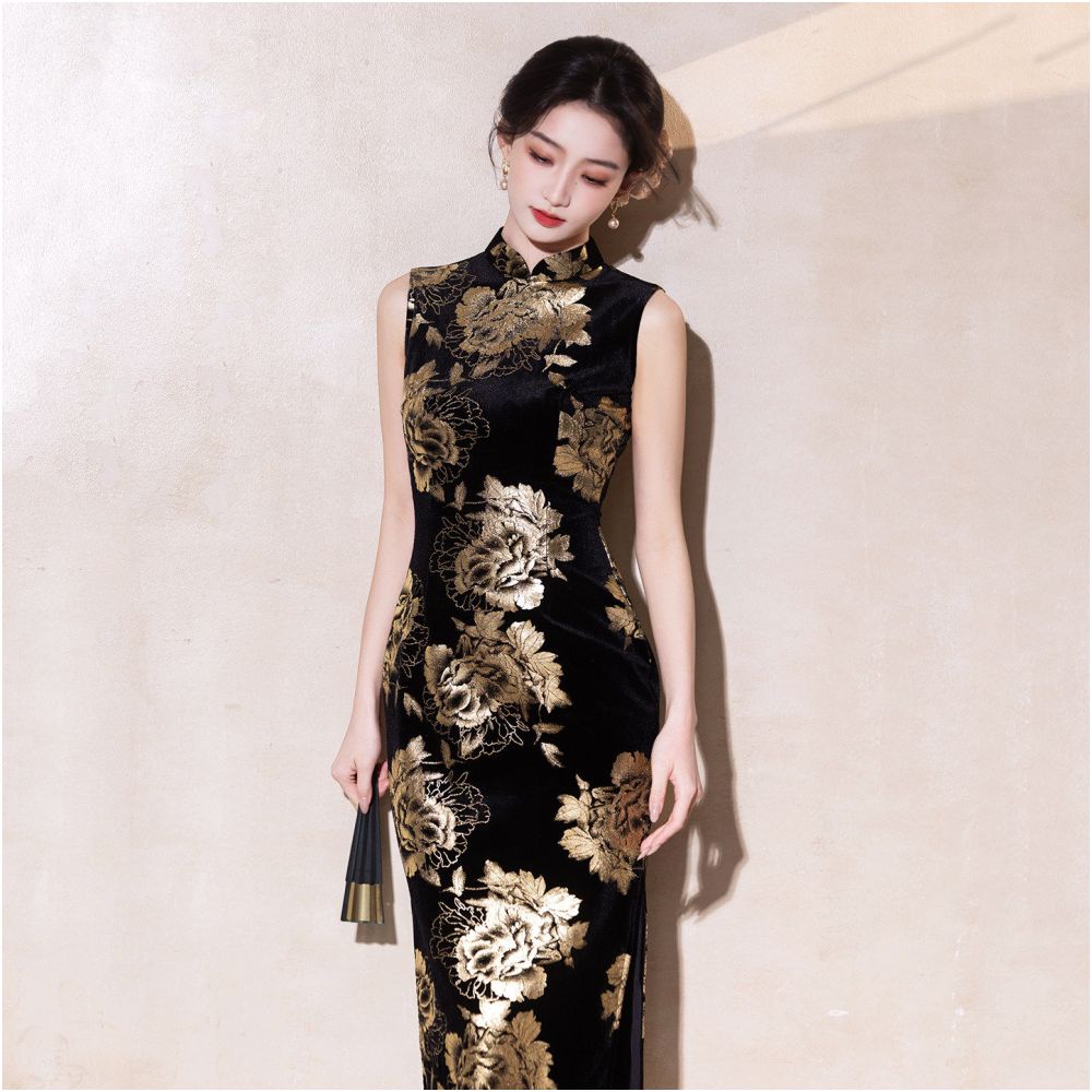 Gold Peony Neo-Oriental Velvet Qipao | Modern New Chinese Style Sleeveless Evening Dress