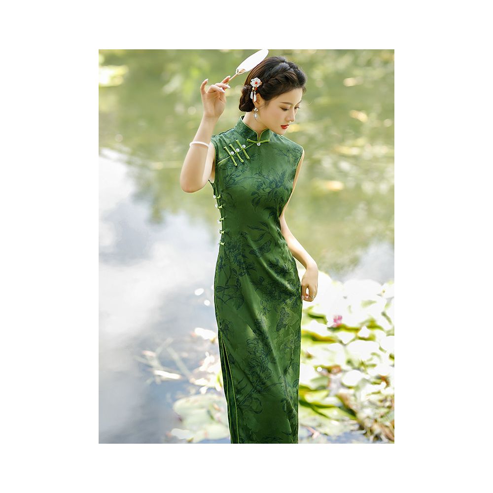 Moss Green Floral Jacquard Qipao Dress | Neo-Chinese Cheongsam, Modern Oriental Dress, Elegant Evening / Daily Wear