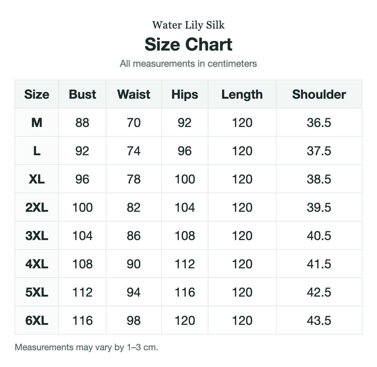 Size chart (cm)