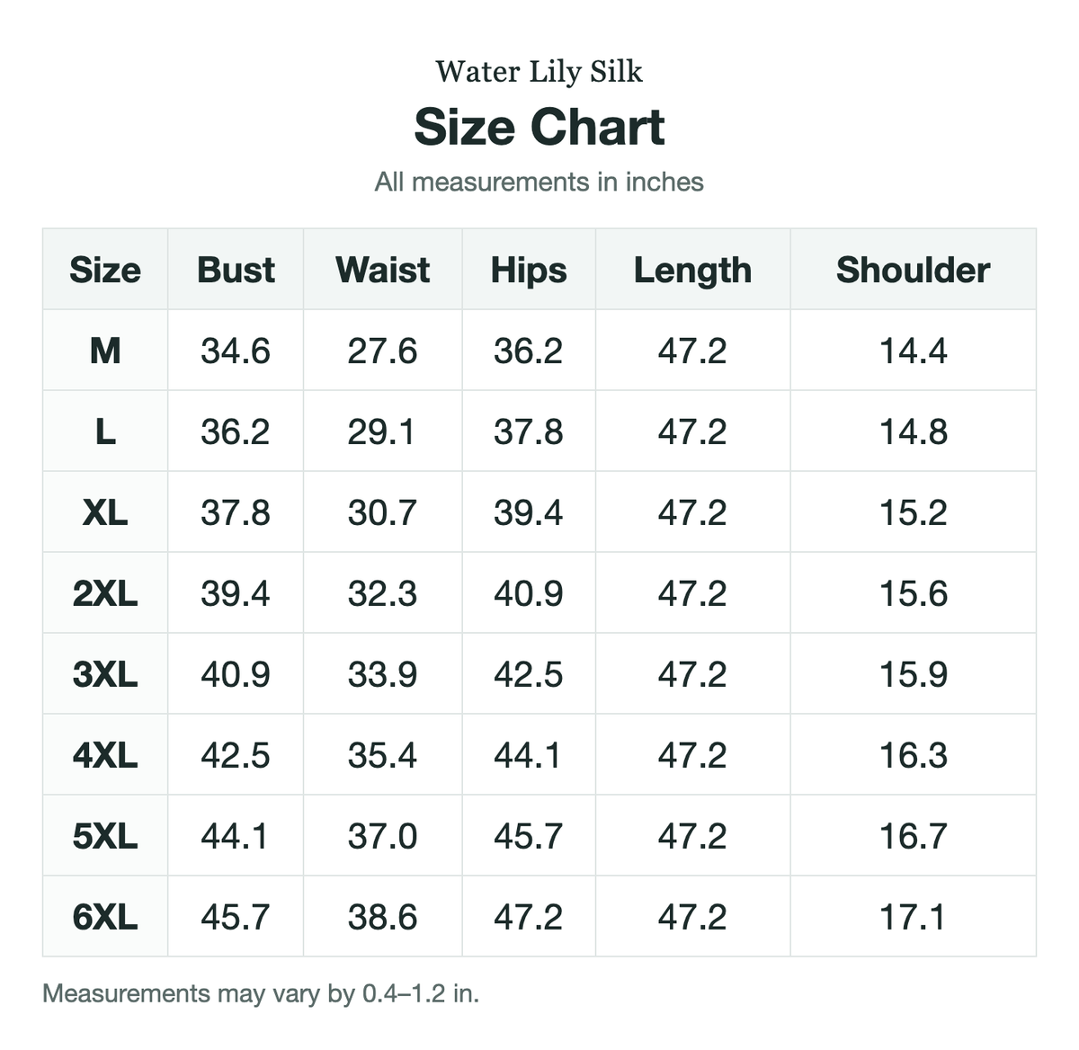 Size chart (inches)
