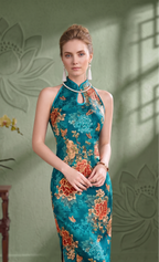 Teal Floral Keyhole Collar Qipao Dress | Neo-Chinese Cheongsam, Elegant Evening Dress, Fitted Halter Qipao, Botanical Motif