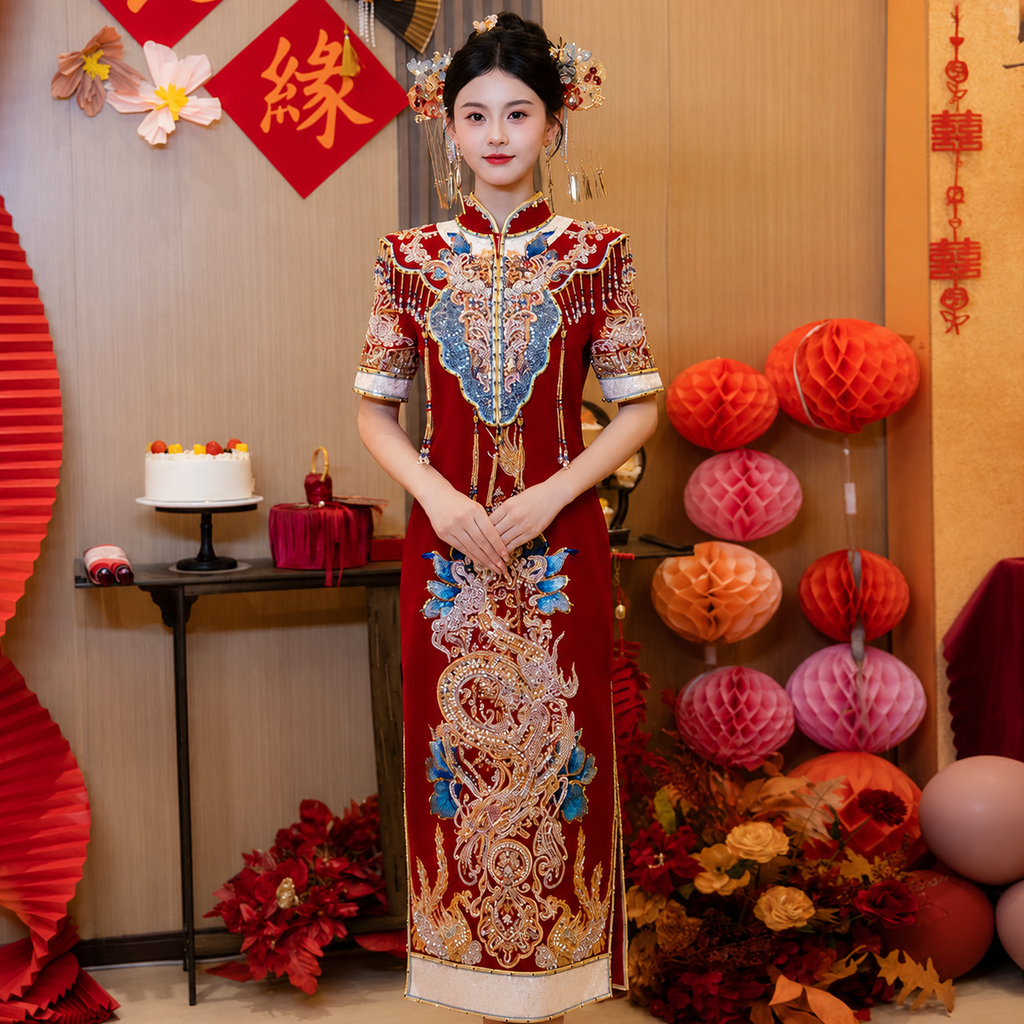 Long Red Phoenix Embroidered Wedding Qipao | Short Sleeve Beaded Cheongsam, Modern Bridal Dress, Traditional Wedding & Engagement Wear