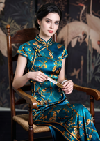 Emerald Teal Mulberry Silk Floral Branch Qipao Dress | Neo-Chinese Cheongsam, Elegant Modern Oriental Dress, Elegant Evening / Daily Wear