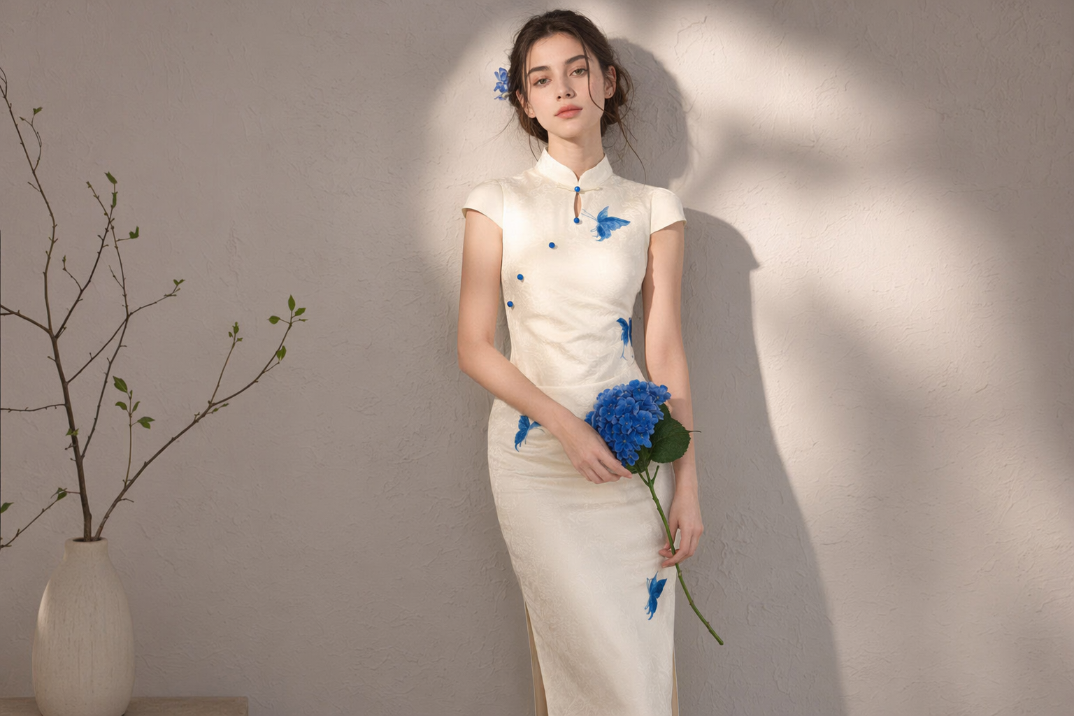 2026New Spring/Summer Cheongsam: New Chinese Style Jacquard Long Double-Layer Blue Butterfly Print Women's Cheongsam in Stock