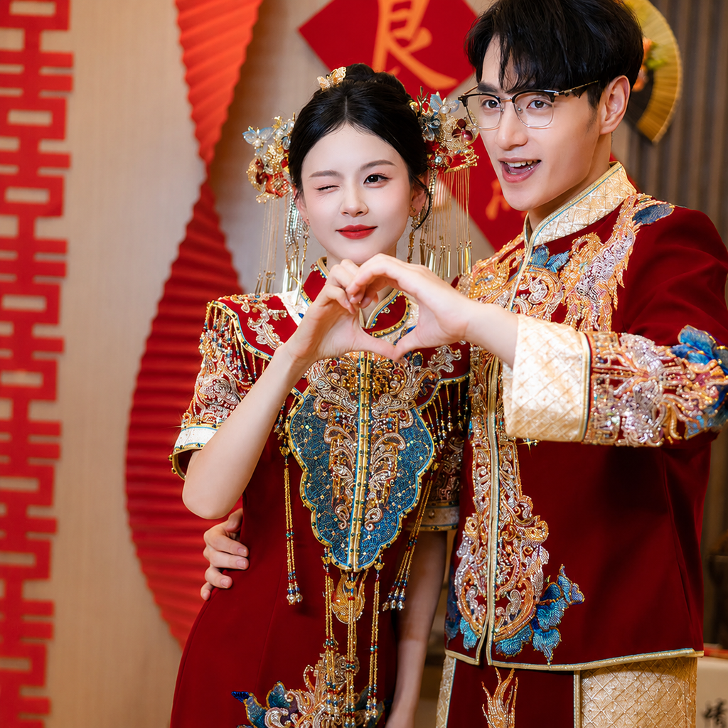 Long Red Phoenix Embroidered Wedding Qipao | Short Sleeve Beaded Cheongsam, Modern Bridal Dress, Traditional Wedding & Engagement Wear