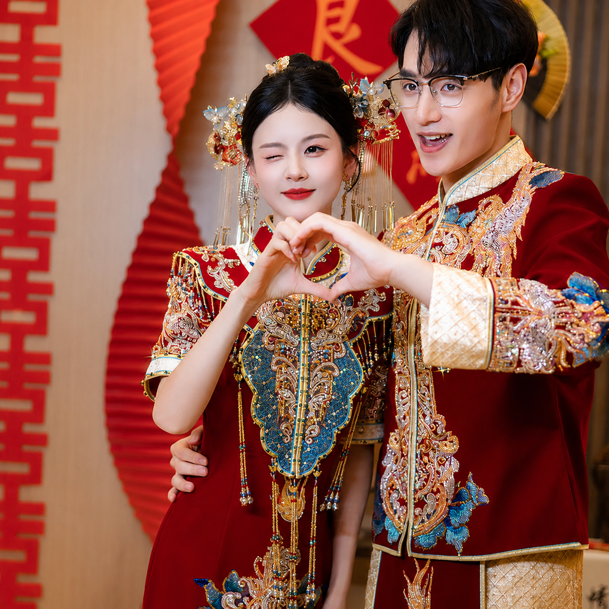 Long Red Phoenix Embroidered Wedding Qipao | Short Sleeve Beaded Cheongsam, Modern Bridal Dress, Traditional Wedding & Engagement Wear