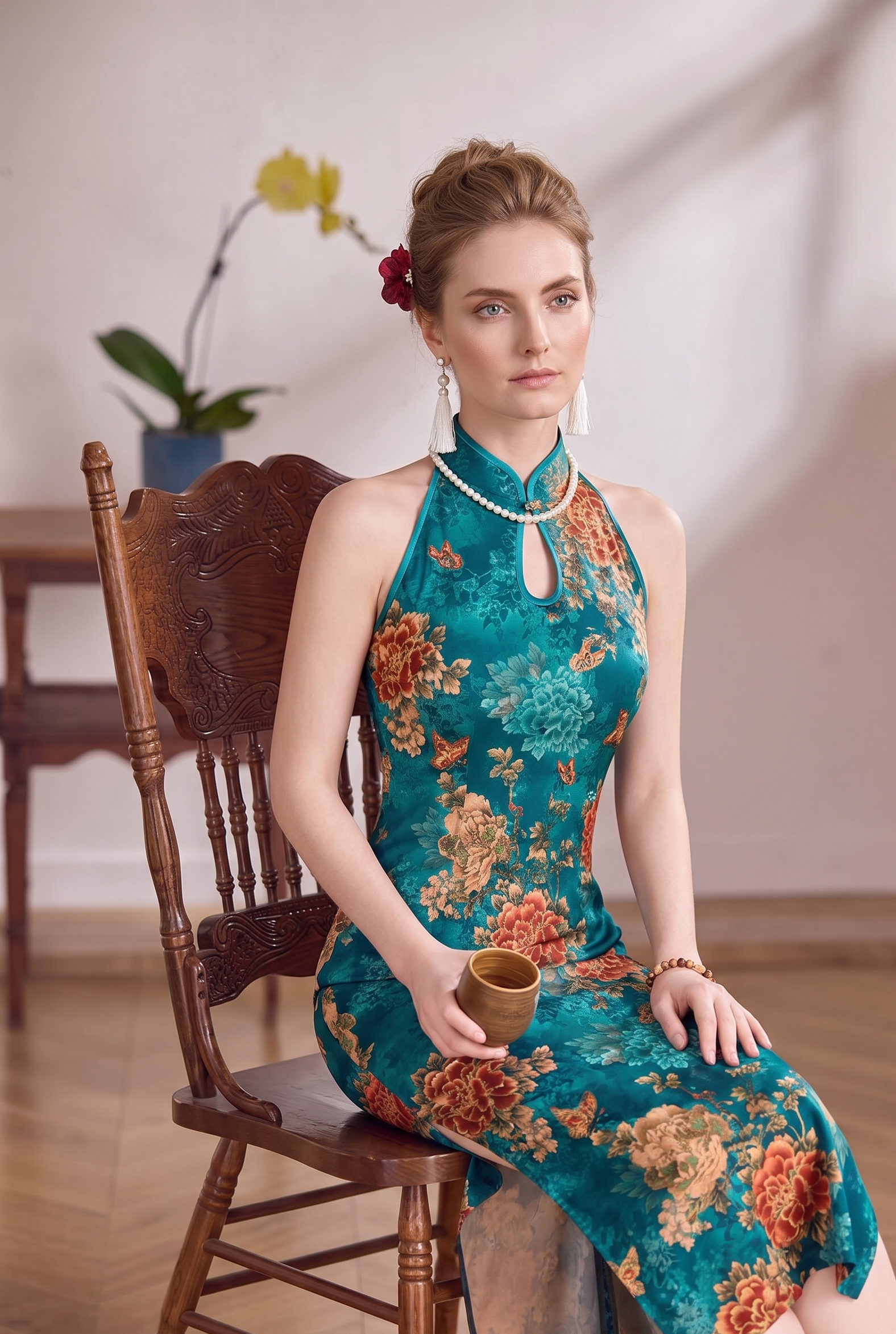 Teal Floral Keyhole Collar Qipao Dress | Neo-Chinese Cheongsam, Elegant Evening Dress, Fitted Halter Qipao, Botanical Motif