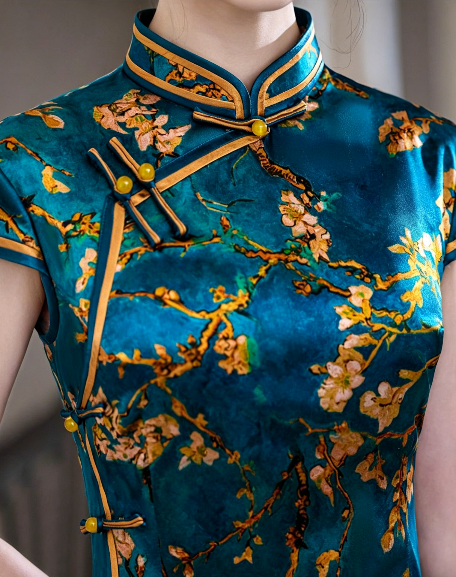 Emerald Teal Mulberry Silk Floral Branch Qipao Dress | Neo-Chinese Cheongsam, Elegant Modern Oriental Dress, Elegant Evening / Daily Wear