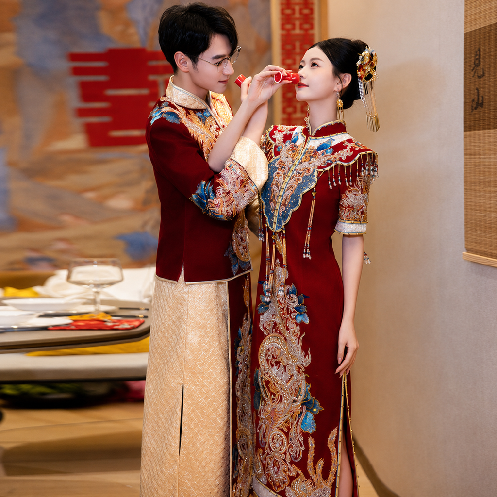 Long Red Phoenix Embroidered Wedding Qipao | Short Sleeve Beaded Cheongsam, Modern Bridal Dress, Traditional Wedding & Engagement Wear