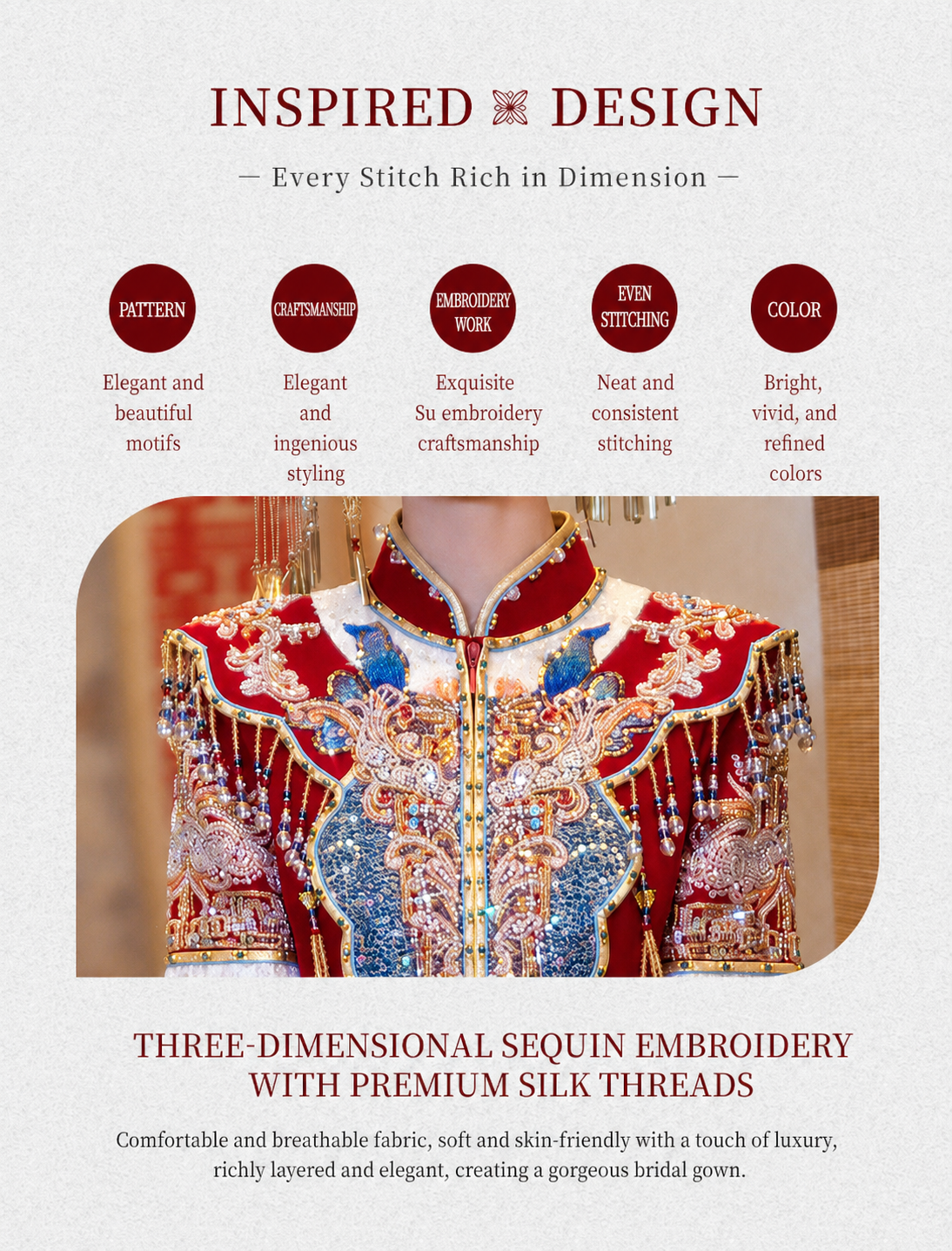 Long Red Phoenix Embroidered Wedding Qipao | Short Sleeve Beaded Cheongsam, Modern Bridal Dress, Traditional Wedding & Engagement Wear