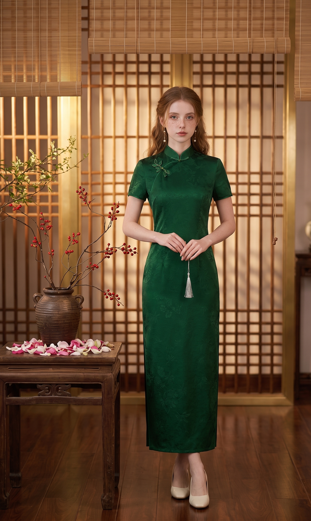 Emerald Botanical Short-Sleeve Maxi Qipao | Neo-Chinese Cheongsam, Elegant Evening Dress, Cultural Events, Daily Wear