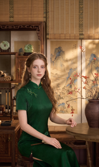 Emerald Botanical Short-Sleeve Maxi Qipao | Neo-Chinese Cheongsam, Elegant Evening Dress, Cultural Events, Daily Wear