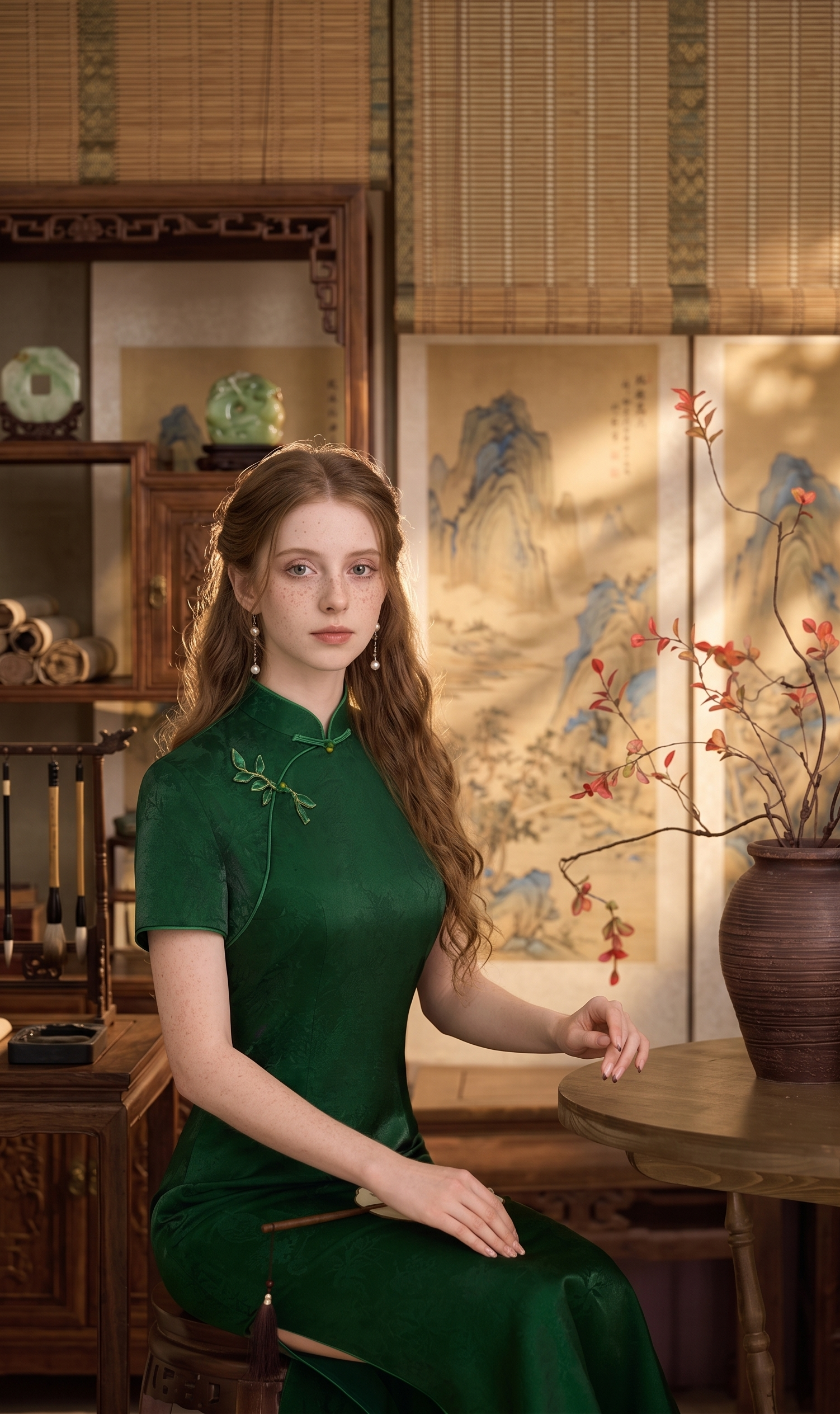Emerald Botanical Short-Sleeve Maxi Qipao | Neo-Chinese Cheongsam, Elegant Evening Dress, Cultural Events, Daily Wear