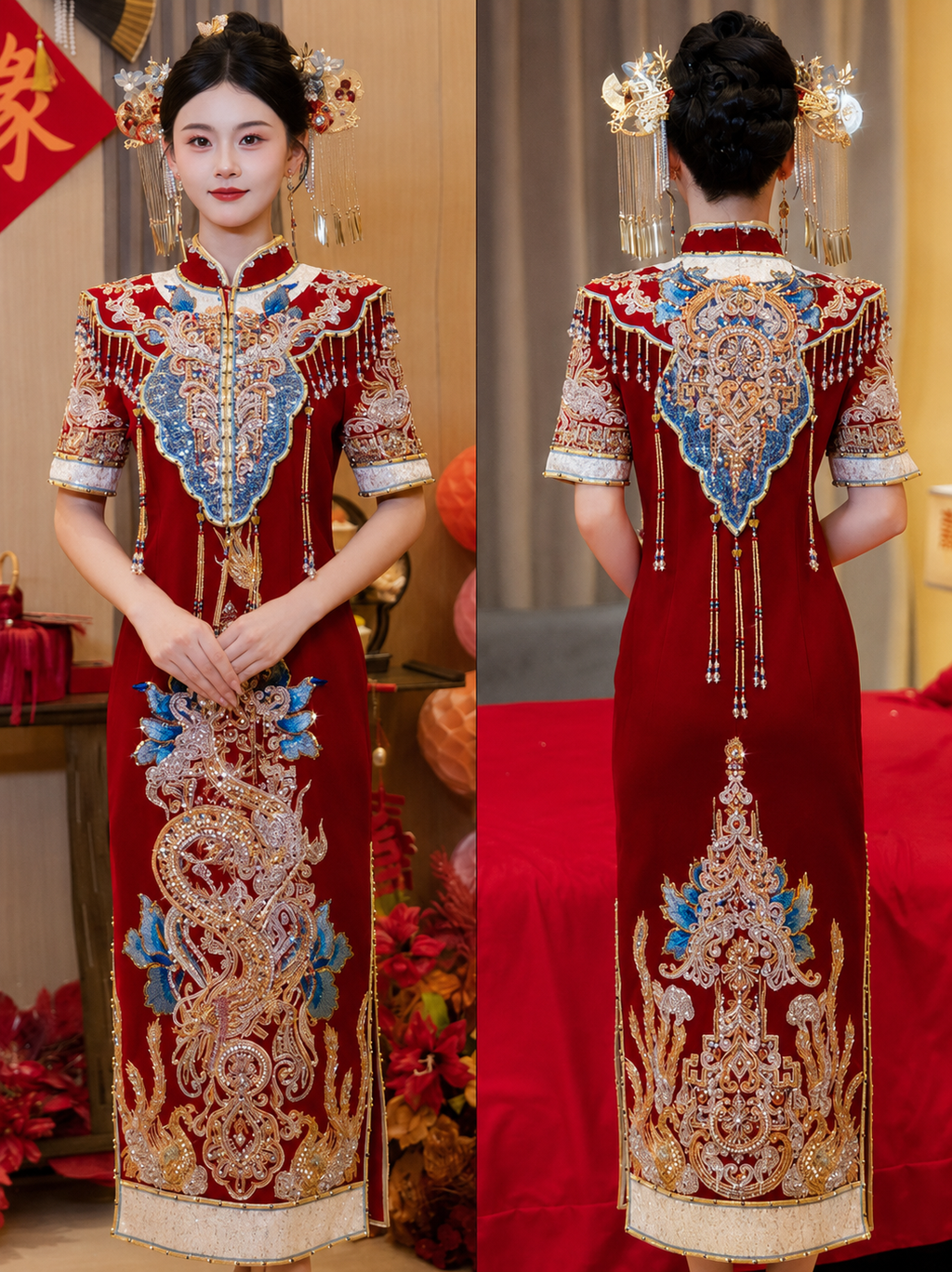 Long Red Phoenix Embroidered Wedding Qipao | Short Sleeve Beaded Cheongsam, Modern Bridal Dress, Traditional Wedding & Engagement Wear