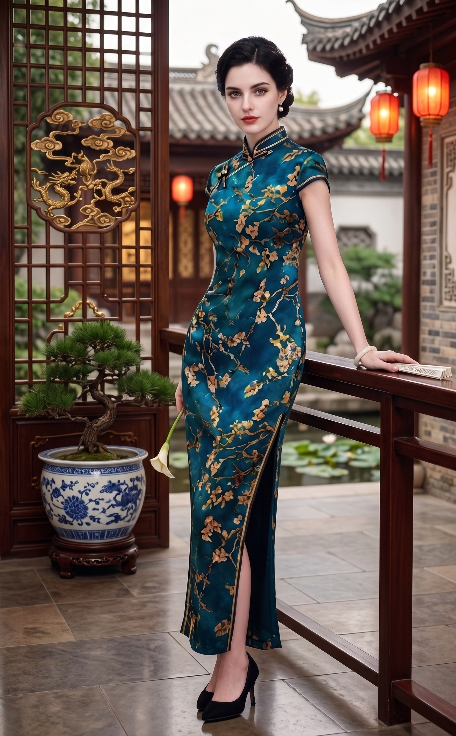 Emerald Teal Mulberry Silk Floral Branch Qipao Dress | Neo-Chinese Cheongsam, Elegant Modern Oriental Dress, Elegant Evening / Daily Wear