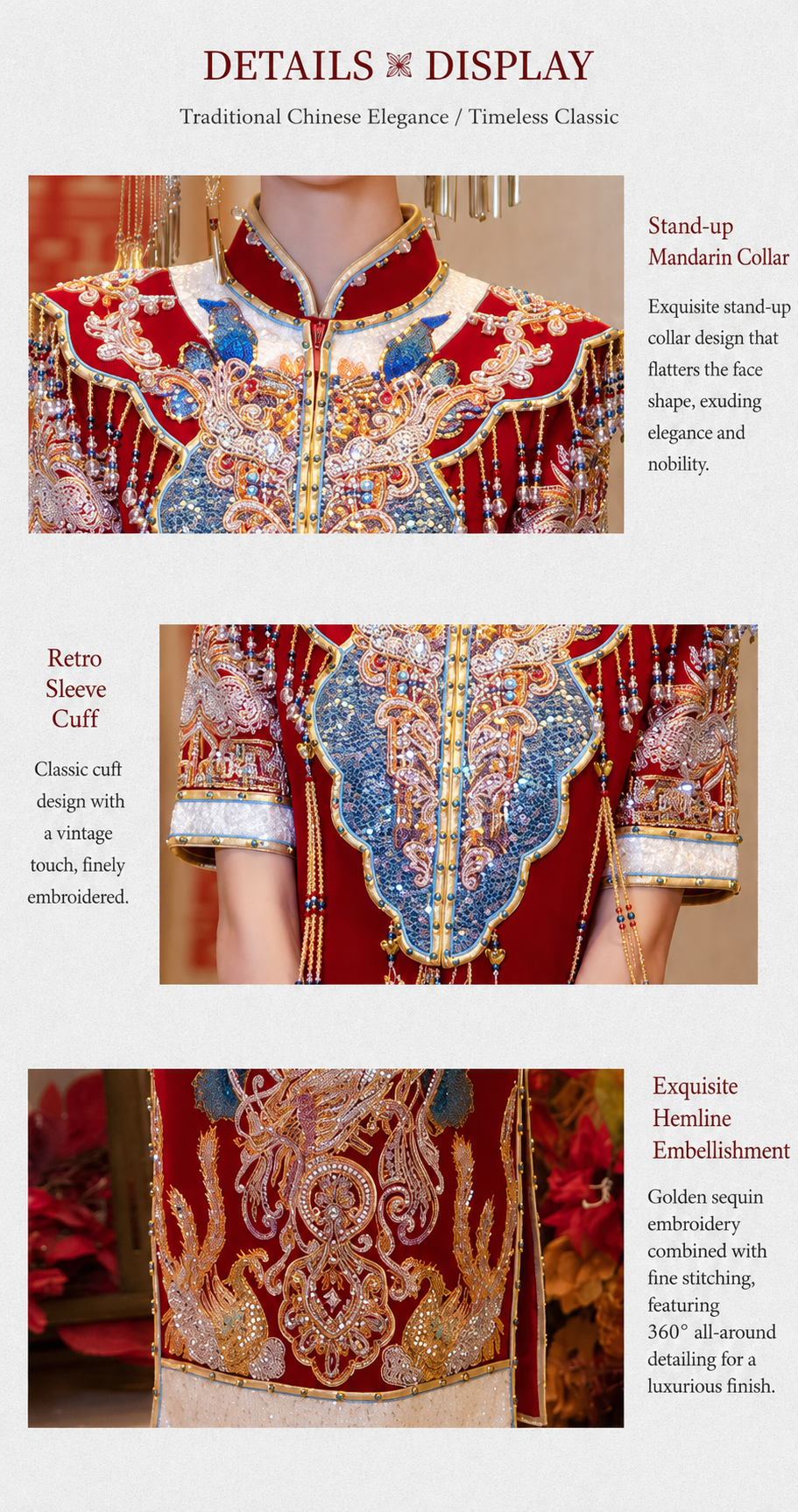 Long Red Phoenix Embroidered Wedding Qipao | Short Sleeve Beaded Cheongsam, Modern Bridal Dress, Traditional Wedding & Engagement Wear