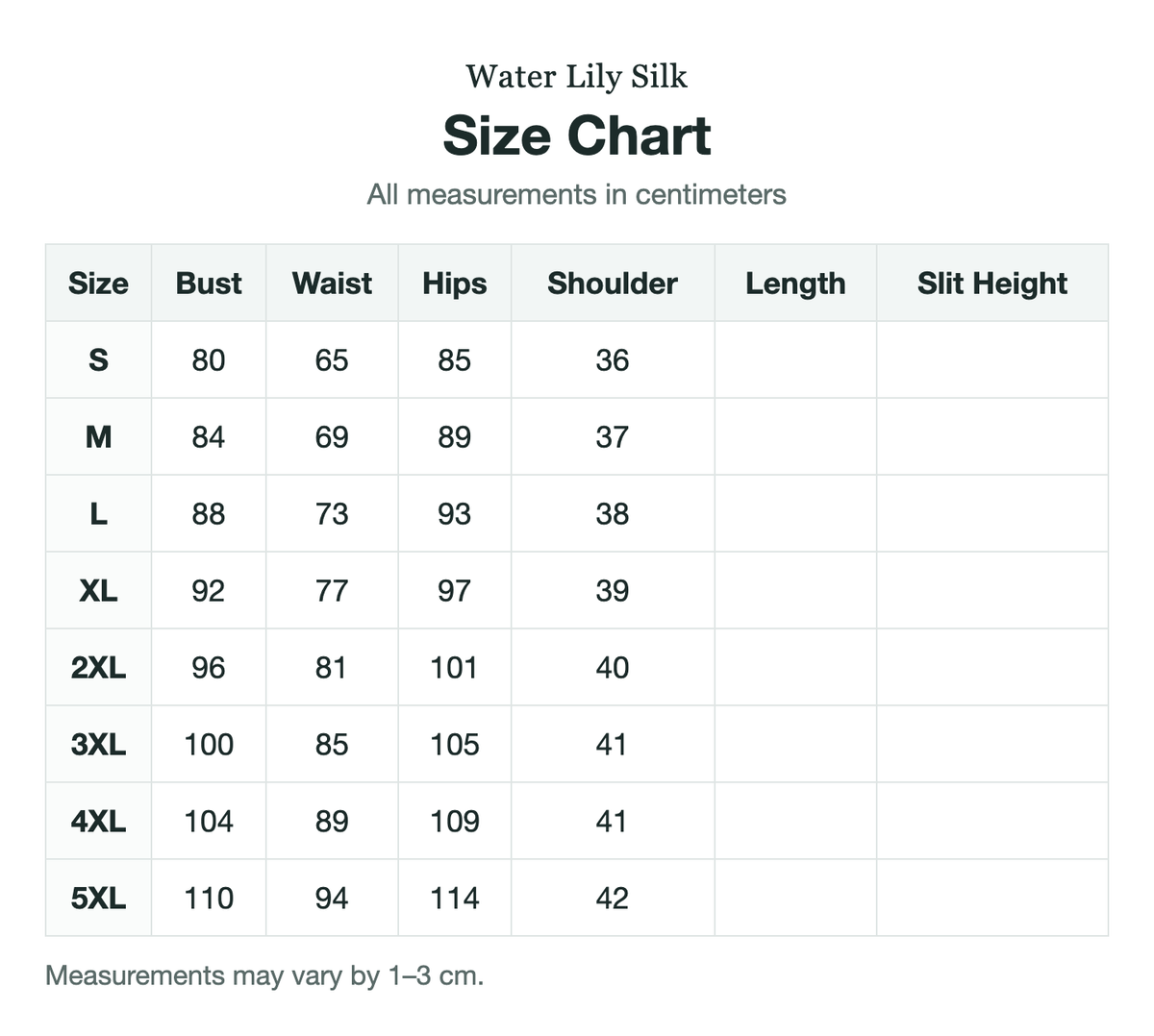 Size chart (cm)