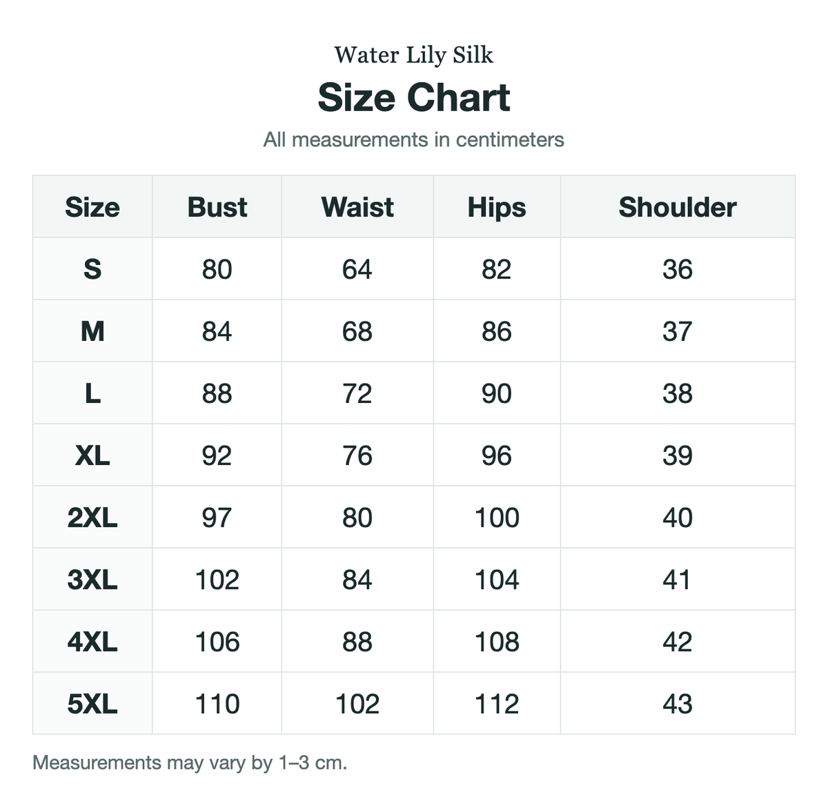 Size chart (cm)